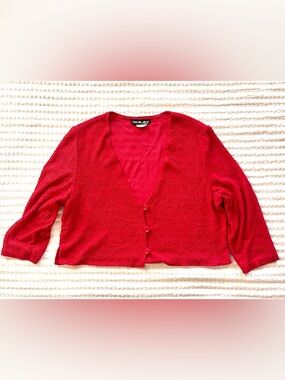 Vintage 90s Red Cropped Cardigan Sheer Knit Button Front Size 14